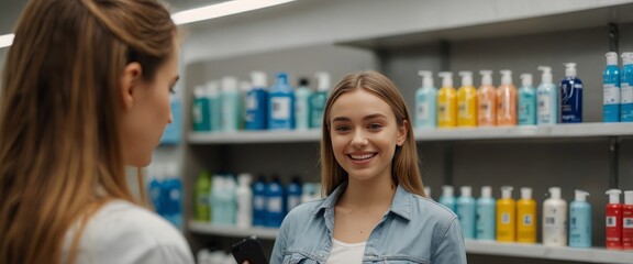 Cheerful shopper scans a shower gel barcode with her phone while browsing a drugstore aisle.

