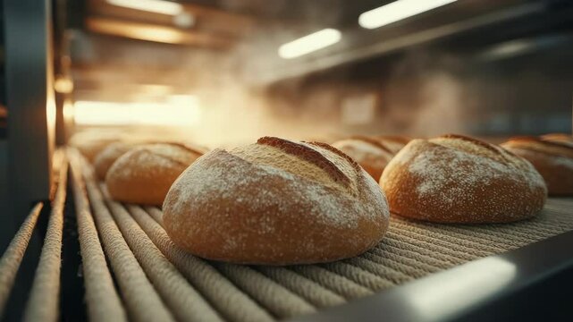 Fresh bread rolls moving through industrial bakery oven on conveyor belt, food production concept