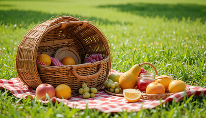Picnic Basket with Fruits on Green Grass