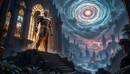 Obraz premium Winged Figure Overlooking Fantasy City with Storm Portal