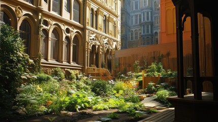 Fototapeta premium Hidden oasis serene courtyard garden amidst historic architecture urban landscape sunlight dappled leaves tranquil escape