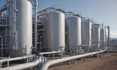 Coastal gas processing facility, pipes, tanks,  plant,  clouds