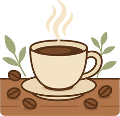 Flat Vector Coffee Cup with Steam and Coffee Beans on Wooden Table – Minimalist Design for Cafe and Coffee Branding