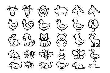 Farm animals line icon set. Vector pictograms of domestic goose, turkey, chick, duckling, duck, sheep, horse, pig, donkey, ox, thin linear illustration.