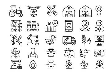 Agriculture technology line icon set. Vector pictograms of agri-tech drone, robot, tractor, chip, sensor, irrigation, biotech,thin linear illustration.