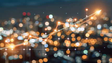 Glowing upward arrow graph on digital screen with financial charts, symbolizing stock market growth, corporate success and positive economic trends.