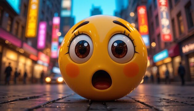 Surprised Emoji on City Street at Night with Glowing Lights - Powered by Adobe