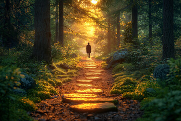 Silhouette of a Person Walking Along a Forest Path Illuminated by Morning Sunlight