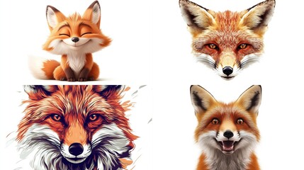 Fototapeta premium Four stylized fox illustrations, showcasing varied expressions and artistic styles