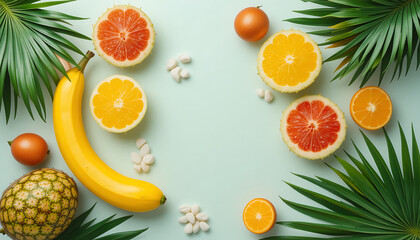 Fresh Fruit Still Life with Palm Leaves