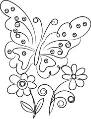 Elegant Line Art Butterfly with Flowers Design Illustration