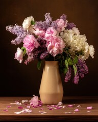 Floral Arrangement of Peonies Lilacs and Hydrangeas in a Beige Vase on a Wooden Table