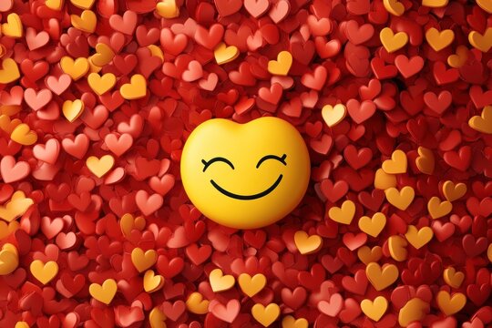 cute smiley face emoji surrounded by admirer emojis with hearts, vector style