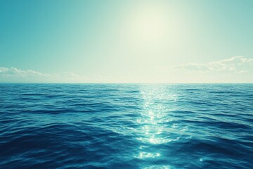 Fototapeta premium Serene Ocean View with Bright Sunlight Reflecting on the Water Surface and Light Blue Sky