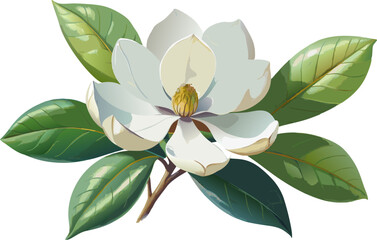 A watercolor illustration of a Southern Magnolia (Magnolia grandiflora), with its large glossy leaves and creamy white blossoms, isolated on a white background.  © Cartoon Maker 2