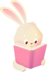 Cute Bunny or Rabbit Reading Studying Book Educational Cartoon. Animal character holding book elementary or preschool learning. Vector kindergarten animals reading cartoon illustration