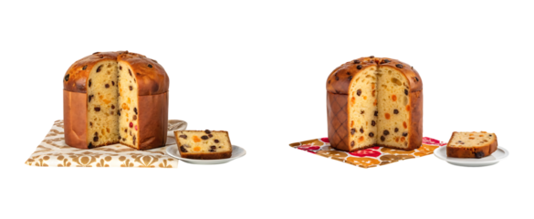 Delicious panettone cake with dried fruits and slice on transparent background