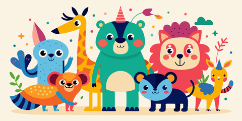 Naklejka premium A cartoon vector illustration set for a fun children's birthday party card design with happy animal characters like a bear, cat, dog, and bird