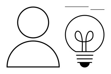 Minimalist person outline paired with a light bulb, symbolizing innovation, creativity, and human thought. Ideal for brainstorming, problem-solving, inspiration, leadership, imagination technology