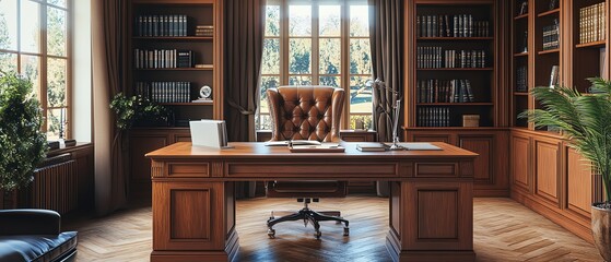 Fototapeta premium Luxurious home office with large wooden desk, leather chair, and built-in bookshelves.