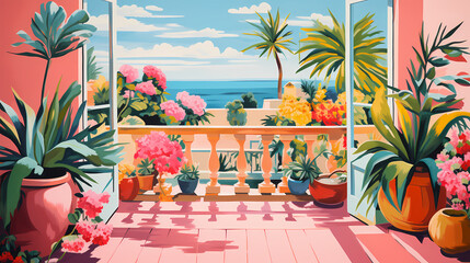 Fototapeta premium balcony garden painting candy colors illustration poster abstract decorative painting