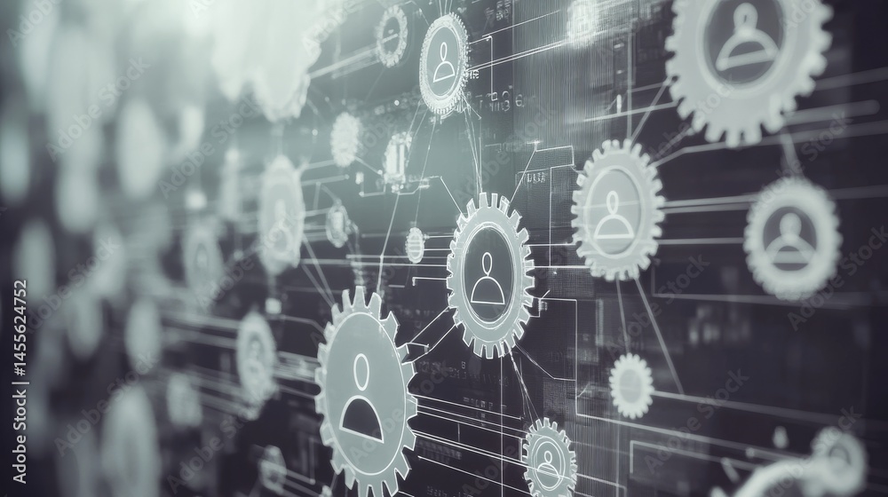 Aufkleber Digital Network Connectivity Represented by Gears and User Icons Illustrating Interconnected Systems and Data Flow in a Modern Technological Environment