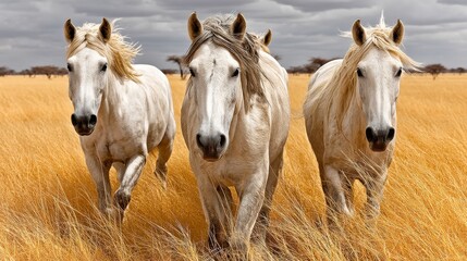 Fototapeta premium Three majestic white horses galloping through golden grasslands