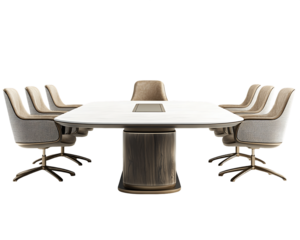 Modern Beige and Grey Conference Table with Six Chairs, PNG