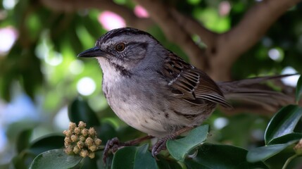 Fototapeta premium Close-up view of a small bird perched on foliage.