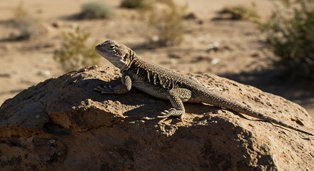 Naklejka premium Desert lizard basking on a rock in a dry, arid environment