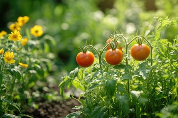 Three ripe tomatoes hang among vibrant flowers in lush garden se