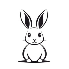 Fototapeta premium Minimalist cartoon rabbit composed of 3 perfect circles and 2 triangle ears in flat design with bold black outline on empty white widescreen background