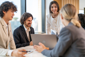 Leadership training, executive communication and team development in progress with diverse...