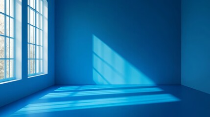 Fototapeta premium Bright Room With Blue Walls and Sunlight Streaming Through Large Windows Creating Patterns on the Floor
