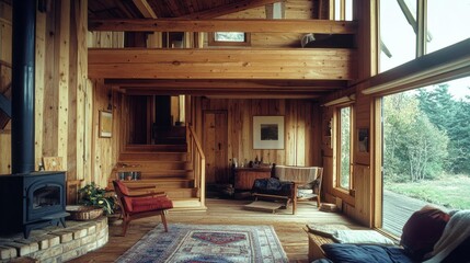 Fototapeta premium Cozy Wooden Interior of a Rustic Cabin in a Quiet Forest During an Autumn Afternoon, Showcasing Natural Light and Warm Wooden Textures