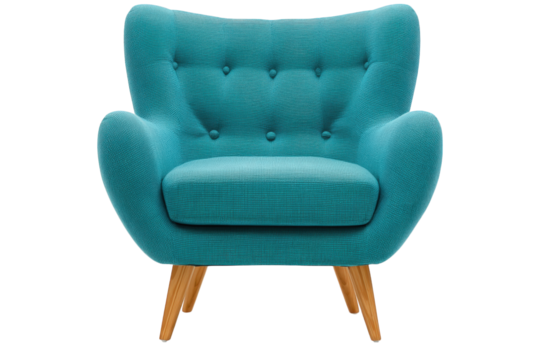 Turquoise Upholstered Armchair On Wooden Legs, Isolated On Transparent Background
