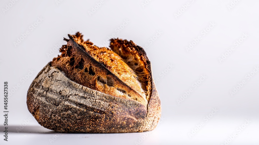 Poster close-up shot showcases a rustic sourdough roll featuring a beautifully cracked golden crust, emphas