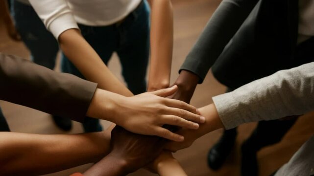 Diverse team united in a collaborative handstack celebrating success together