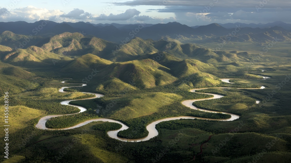 Poster aerial view showcases a serpentine river meandering through lush green hills and dense forests under