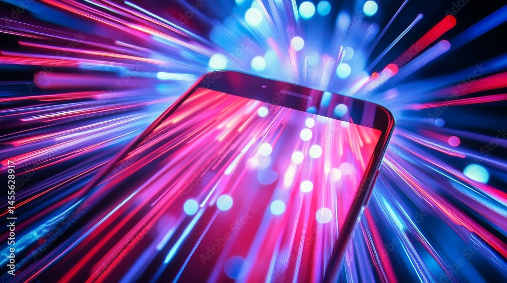 Poster dynamic abstract composition featuring a smartphone illuminated by vibrant light rays in a dark sett
