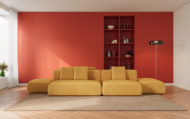Vibrant contemporary living room featuring a bold red accent wall, mustard yellow modular sofa, and playful modern furniture, 3d rendering 

