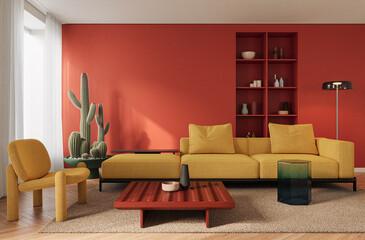 Vibrant contemporary living room featuring a bold red accent wall, mustard yellow modular sofa, and playful modern furniture, 3d rendering 

