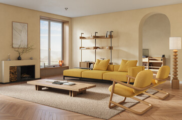 Cozy home interior in light pastel colors with hardwood flooring and arched wall, 3d rendering