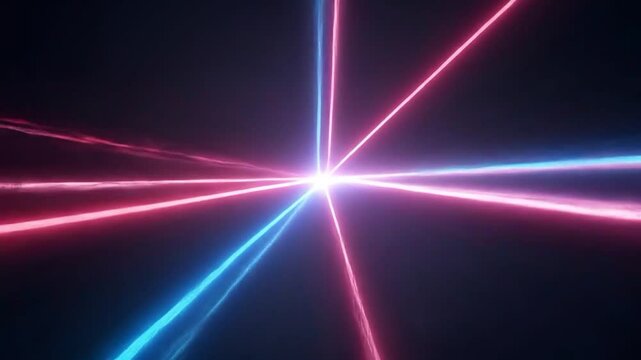 Minimalist red blue laser beams intersect forming glowing geometric grid converging at bright center in dark void, slowly rotating pulsing, zoom orbit video. Modern tech elegance concept