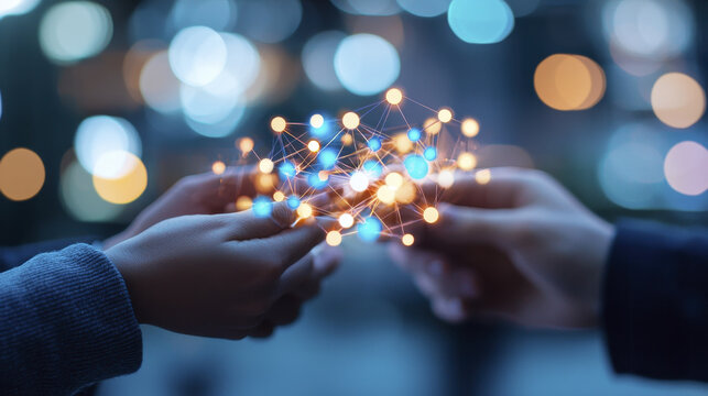 Collaborative hands connecting with glowing network nodes, symbolizing unity and teamwork