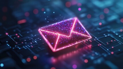 Glowing pink/purple email icon over dark circuit board background. Use for email marketing sites, tech blogs, or digital communication themes.