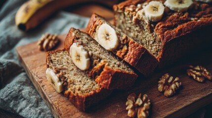 Sliced banana bread with walnuts on a wooden board, a delicious homemade dessert for breakfast or brunch
