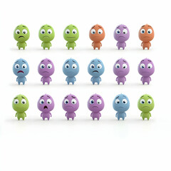 Colorful cartoon characters expressing various emotions; diverse feelings; white background; for animation, website, or app design
