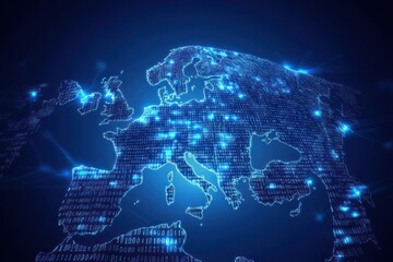 digital planet with binary matrix and wireframe lines, global tech concept centered on Europe