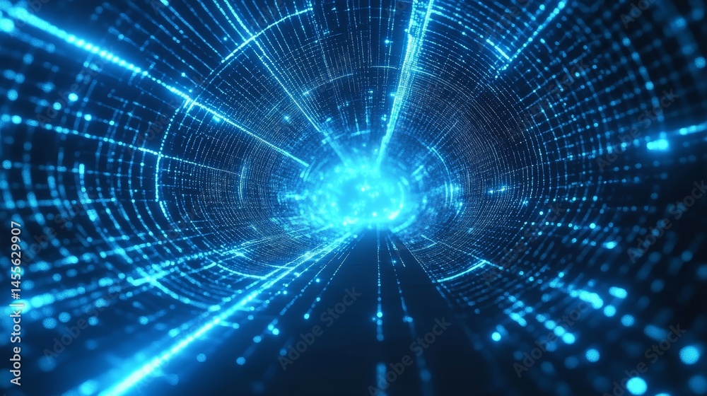 Aufkleber Digital Vortex Showcasing Glowing Blue Particles in a Dynamic Tunnel of Light Representing Speed and Technology